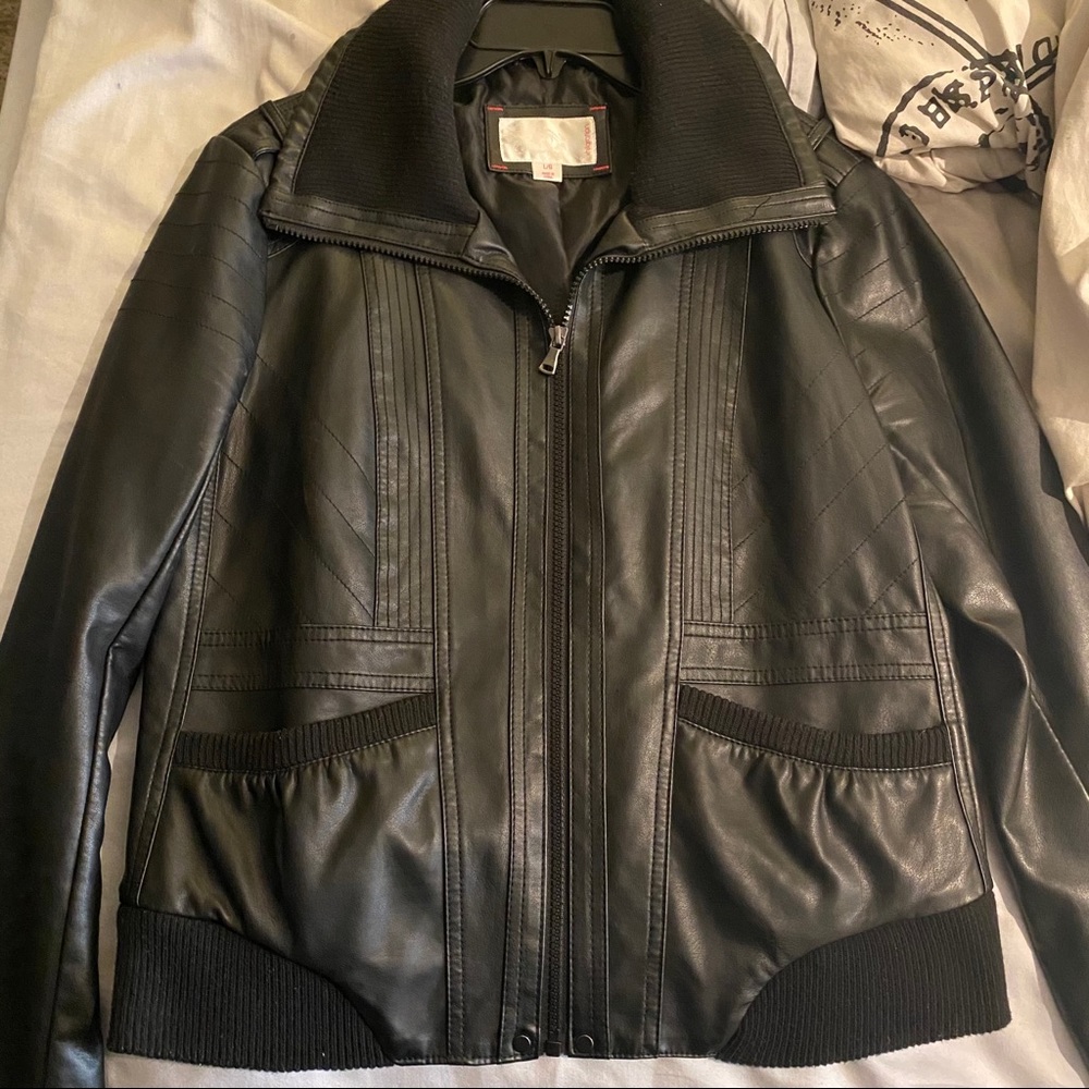 Faux leather bomber jacket.